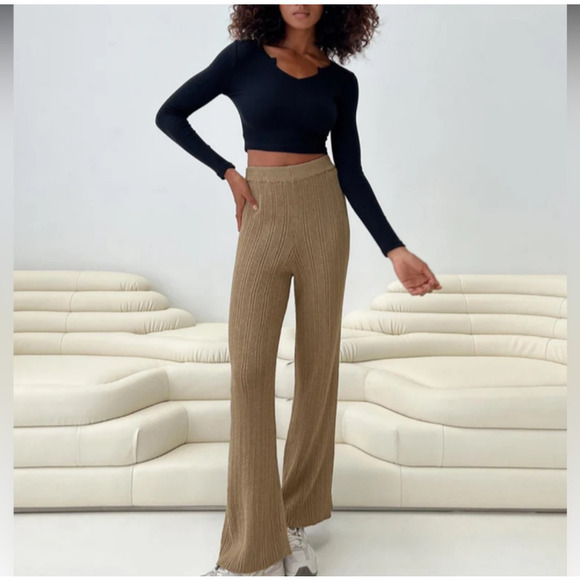 NWT Princess Polly Lexie Knit Pants XS/S Beige Marle Wide Leg High Rise Lounge - Picture 1 of 10